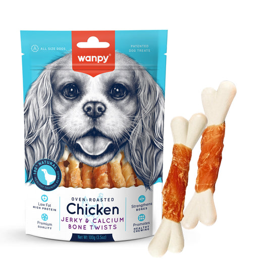 Wanpy Chicken Jerky & Calcium Bone Twists for Dogs – 100g Treat Pack